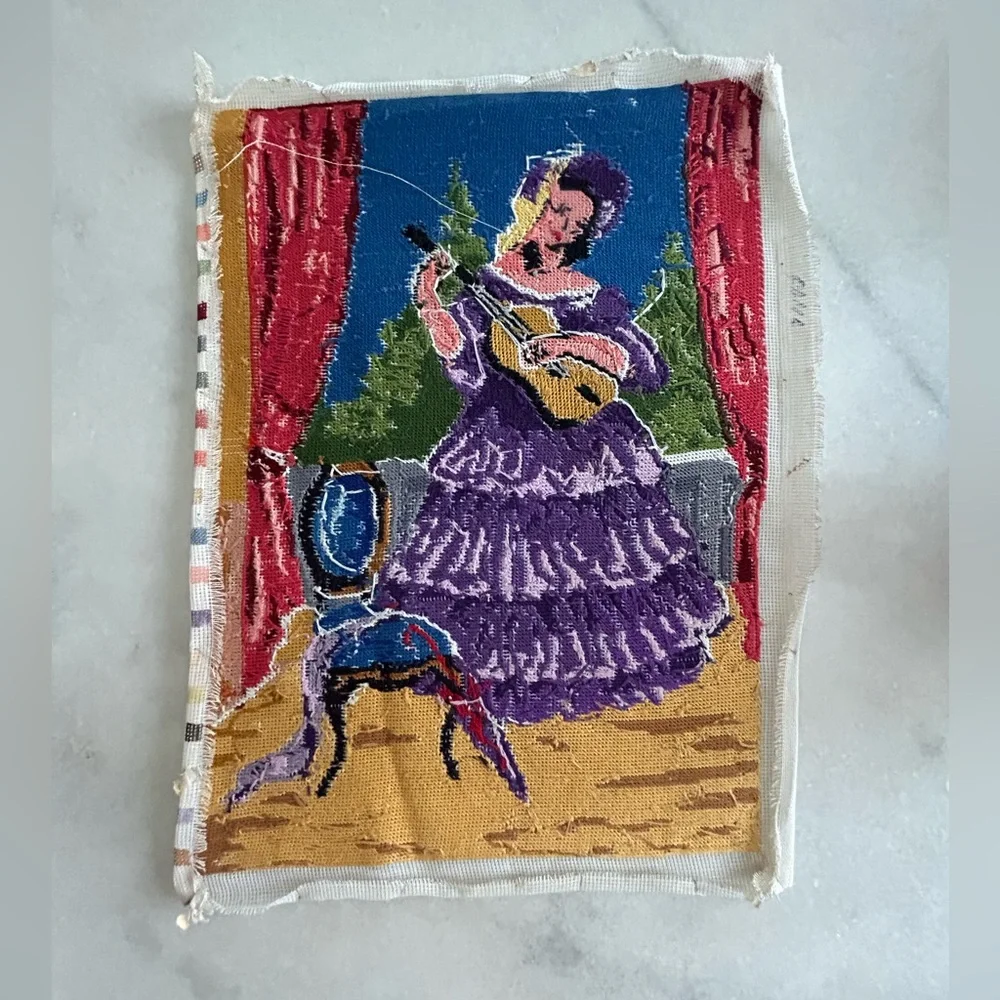 Vintage Needlepoint Completed Lady W/Guitar Hat Not Framed Clean Colorful Craft